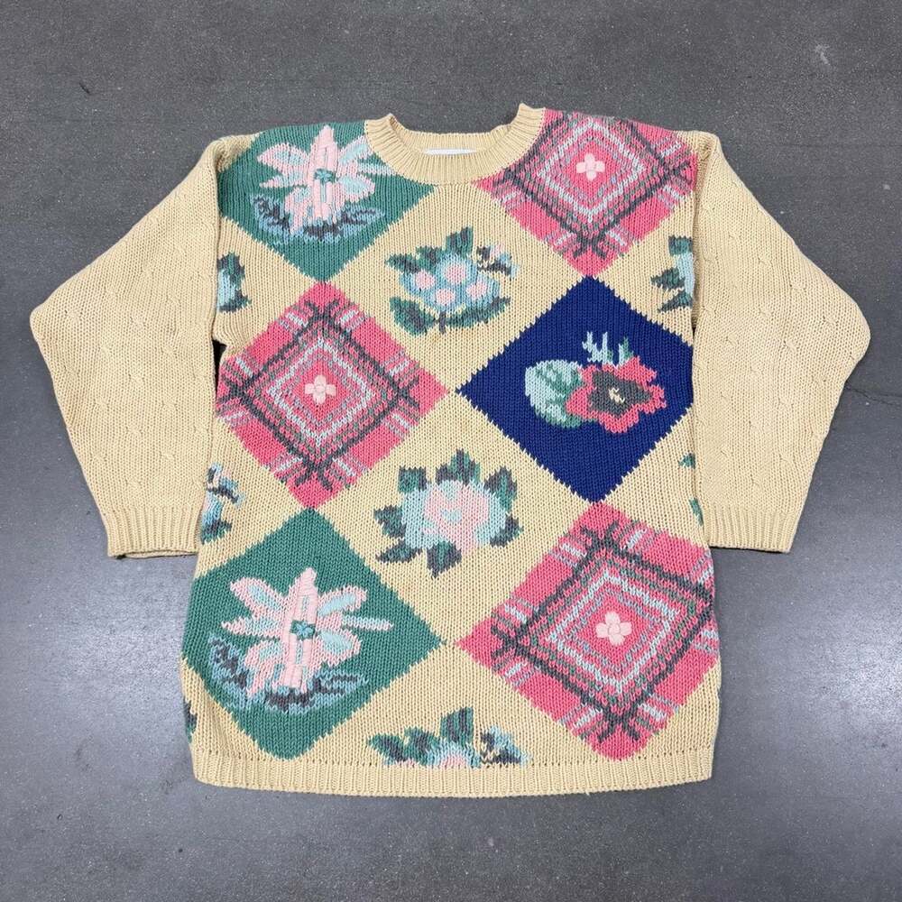 Petite Sophisticate Floral Diamond Sweater Women's M Vintage